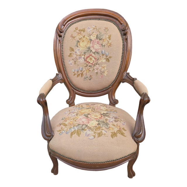 Victorian Floral Needlepoint Tapestry Covered Armchair For Sale
