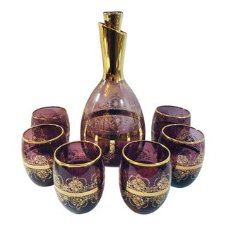 1980s Italian Amethyst Glass Decanter Set With Gold Overlay- 7 Pieces For Sale