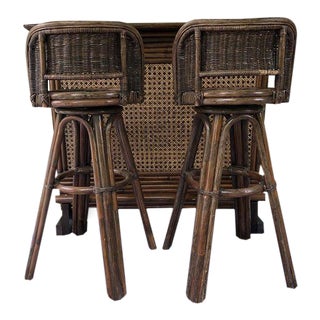Mid-Century Bamboo Rattan and Cane Tiki Bar Set With Barstools - 3 Piece Set For Sale