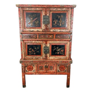 Antique Red & Black 4 Door Chinese Cabinet For Sale