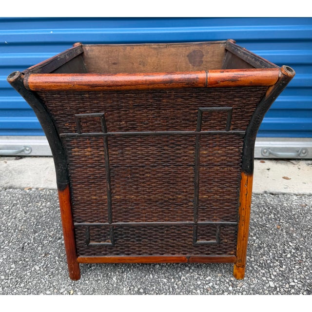 Oversized Vintage French Tortoise Rattan Planter Featuring a Curved, Flared Shape and Thick Bamboo Trim. For Sale - Image 11 of 11
