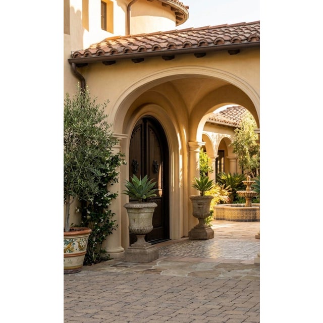 Pair of Neoclassical Style Weathered Cast Stone Campana Urns on Pedestals For Sale - Image 11 of 12