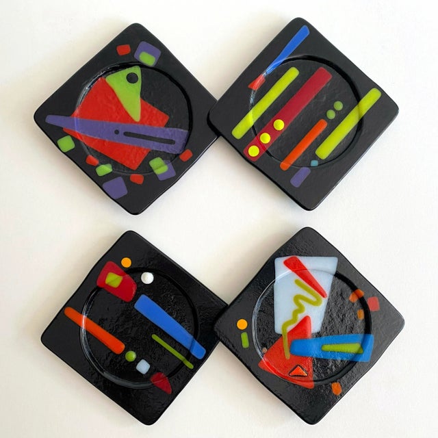 Postmodern Vintage 1980's Postmodern Studio Fused Art Glass Multicolor Abstract Coasters - Set of 4 For Sale - Image 3 of 12