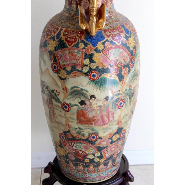 Paint Monumental 50.5" Chinese Export Royal Satsuma-Style Palace Floor Vase With Wooden Stand For Sale - Image 7 of 18
