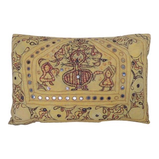 Vintage Yellow & Red Indian "Ganeshtapana" Shrine Cloth Lumbar Decorative Pillow For Sale
