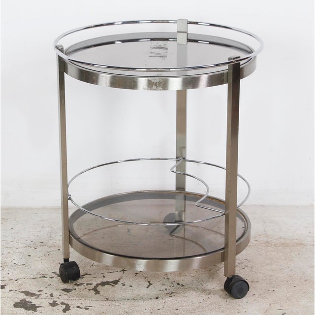 Modern Mid 20th Century European Nickeled Steel Round Tinted Glass Bar Cart For Sale - Image 3 of 9