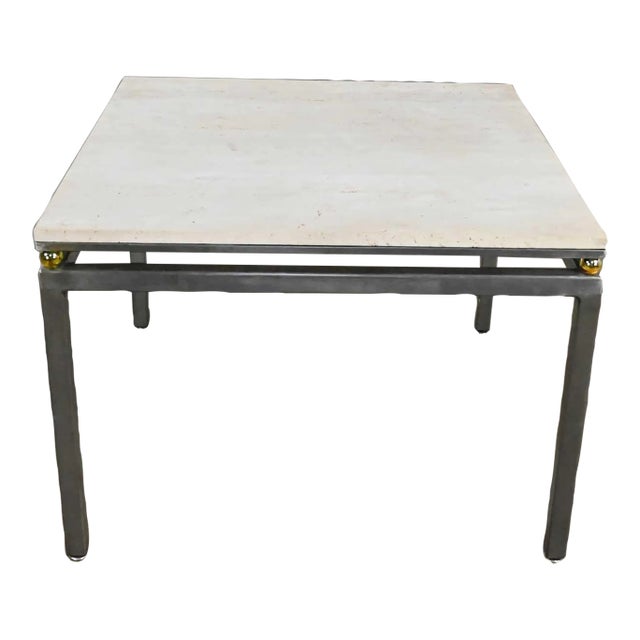 Modern Custom Tube Steel End Table With Travertine Top & Brass Plate Sphere Details by Jensen Design Inc For Sale