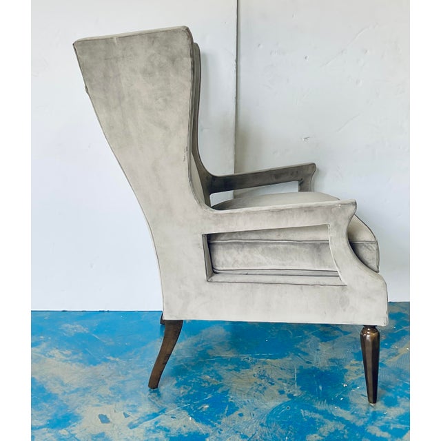 Wood Caracole Modern Gray Velvet Arms Wide Open Wingback Chair For Sale - Image 7 of 8