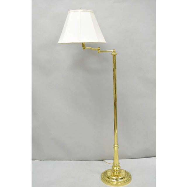 Vintage Traditional Polished Brass Swing Arm Reading Pole Floor Lamp W/ Shade For Sale - Image 4 of 12
