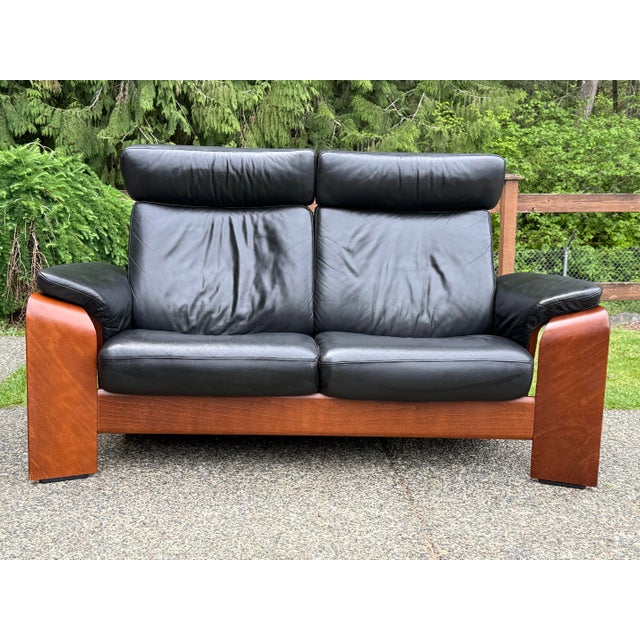 Black Ekornes Stressless Reclining Leather Loveseat Sofa For Sale - Image 8 of 10
