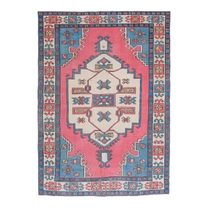 1970s Vintage Turkish Oushak Handmade Wool Cotton Pink Blue Area Rug