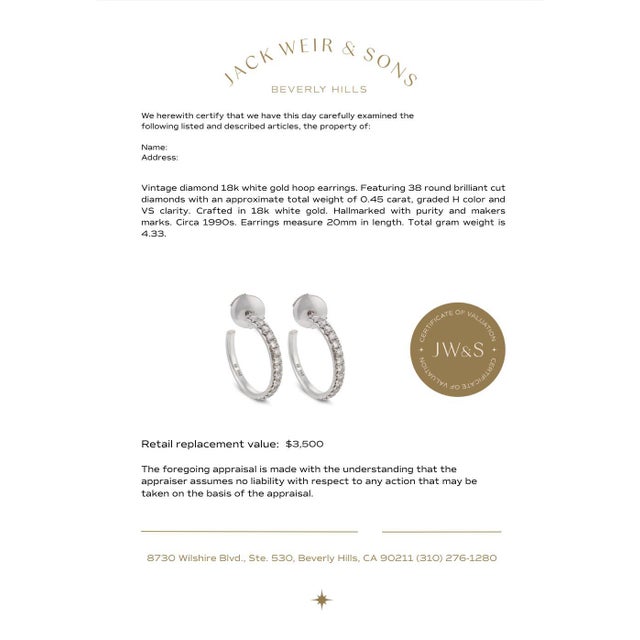 Metal Vintage Diamond 18k White Gold Hoop Earrings, A Pair For Sale - Image 7 of 7