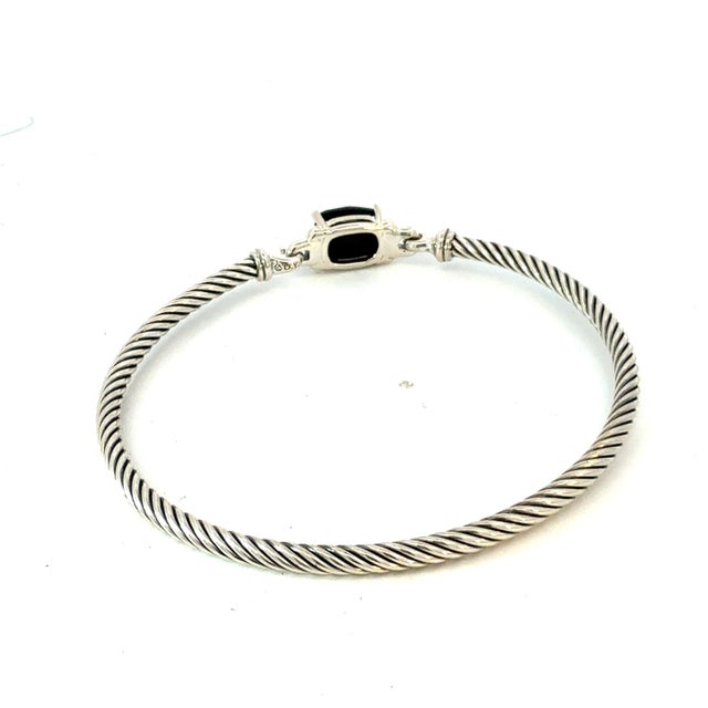 1990s David Yurman Onyx and Diamond 3 mm Cuff Bracelet Silver Estate For Sale - Image 4 of 7