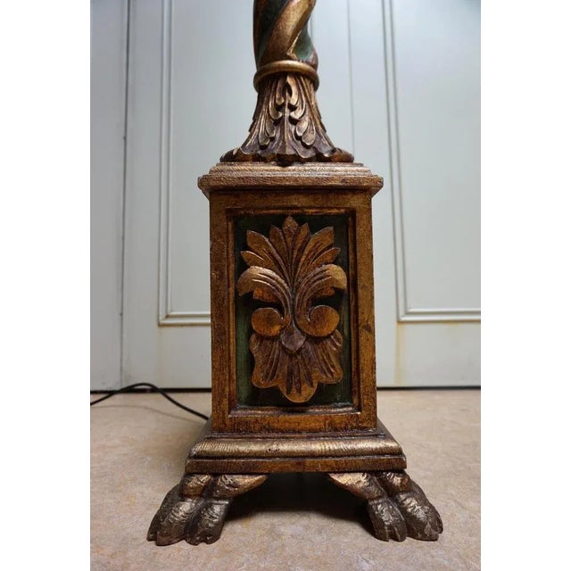 Italian Florentine Torchère Floor Lamp in Hand-Carved Gold-Gilt and Green Wood, 1950s For Sale - Image 9 of 13