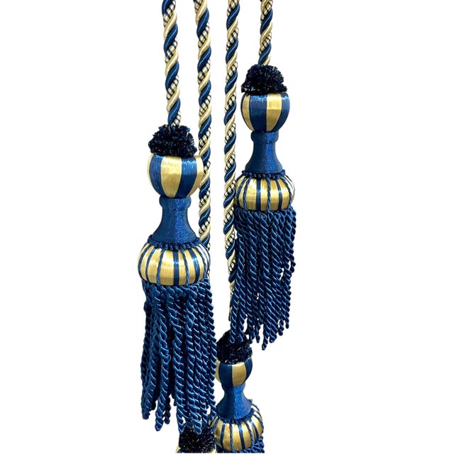 French Provincial Vintage French Passementerie Drapery Tassel Blue and Gold For Sale - Image 3 of 6