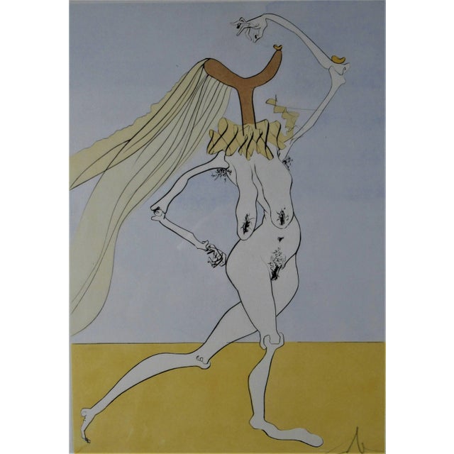 This artwork titled "Nu Aux Violettes" from the suite, Visions De Quevedo, 1975. is an original engraving with pochoir...