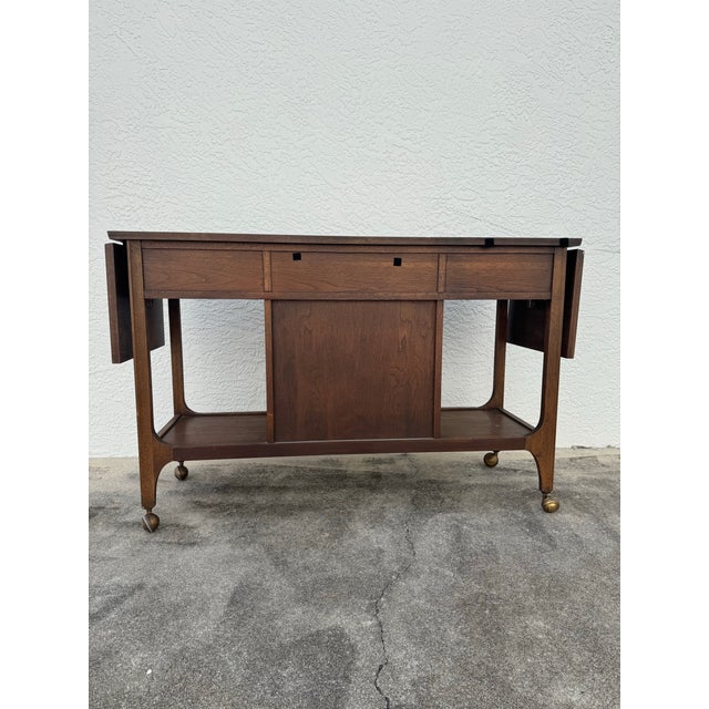 Brown Vintage Broyhill Brasilia Mid Century Walnut and Laminate Serving Bar Cart For Sale - Image 8 of 12