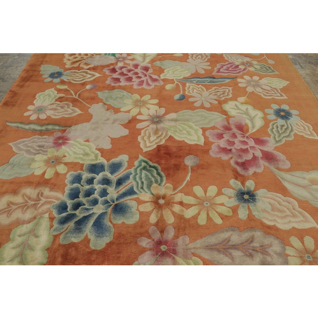 1920s Antique Chinese Art Deco Rug in Rust With Bold Floral Design - Rug & Kilim For Sale - Image 5 of 7