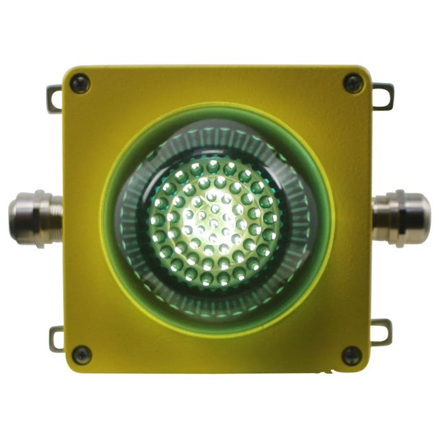 Metal Airport Runway Sconce in Yellow Metal and Green Glass For Sale - Image 7 of 8