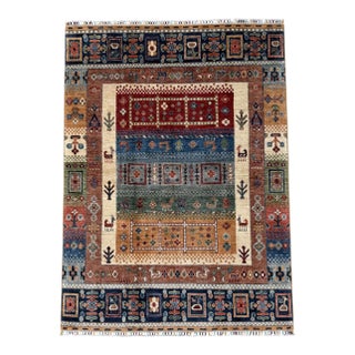 Blue Rust Hand Knotted Qashqai Design Tribal Wool Rug, 04'11 X 06'09 For Sale