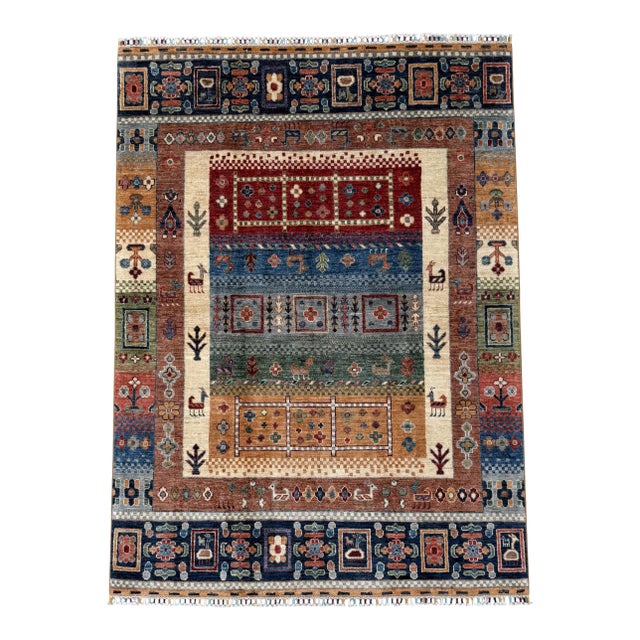 Blue Rust Hand Knotted Qashqai Design Tribal Wool Rug, 04'11 X 06'09 For Sale