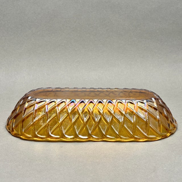 Glass Vintage Indiana Glass Marigold Carnival Glass Oval Celery Dish With Lattice Diamond Pattern For Sale - Image 7 of 8