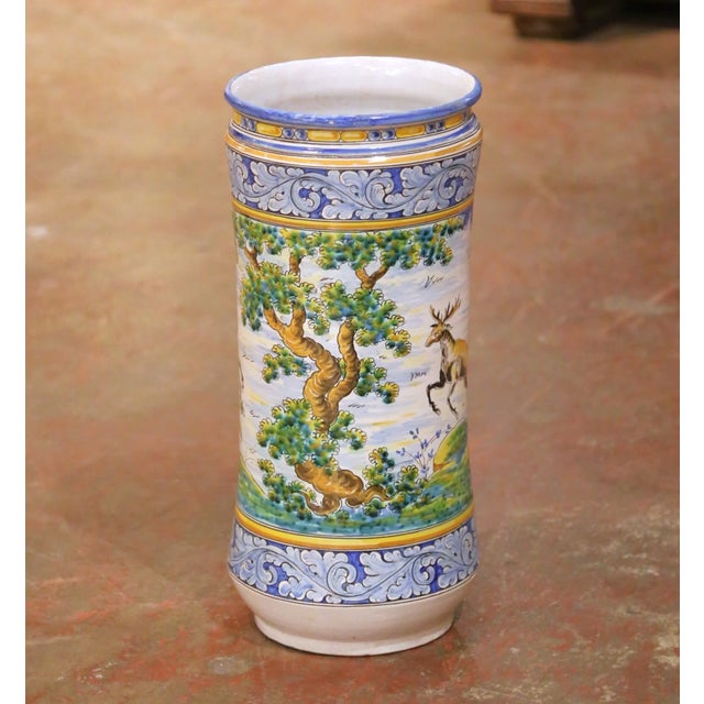 Mid 20th Century Mid-Century Italian Hand-Painted Majolica Umbrella Stand With Hunt Scene For Sale - Image 5 of 14