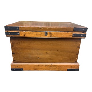 19th Century Antique Pine Trunk/Coffee Table With Iron Detail For Sale