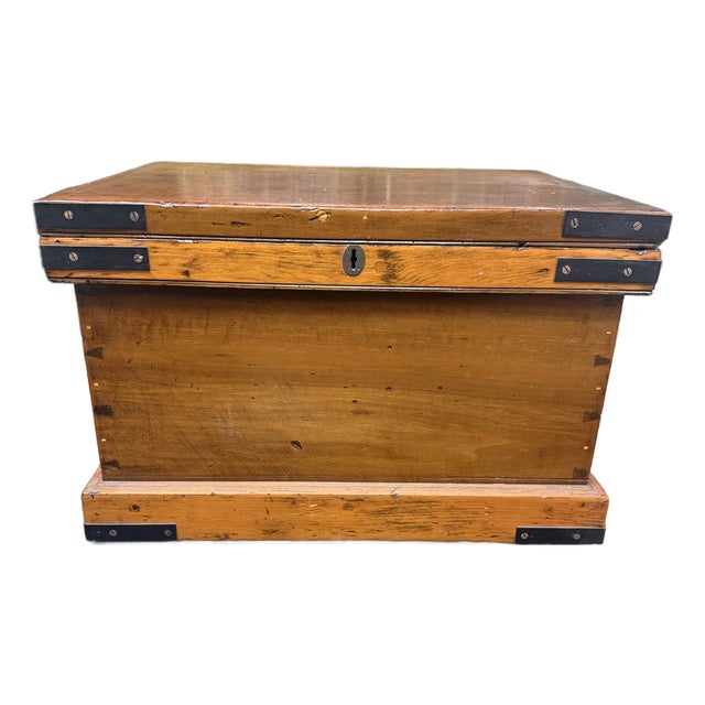 19th Century Antique Pine Trunk/Coffee Table With Iron Detail For Sale