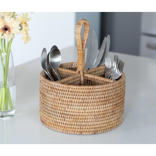 Boho Chic Artifacts Rattan Round 4 section Caddy/Cutlery Holder in Honey Brown For Sale - Image 3 of 9