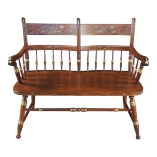 Mid 20th Century Tell City Hitchcock Style Maple Rumford & Gold Stenciled Spindle Back Bench For Sale