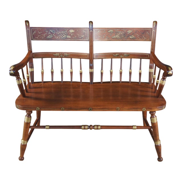Mid 20th Century Tell City Hitchcock Style Maple Rumford & Gold Stenciled Spindle Back Bench For Sale