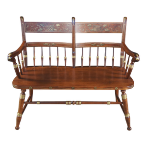 Mid 20th Century Tell City Hitchcock Style Maple Rumford & Gold Stenciled Spindle Back Bench