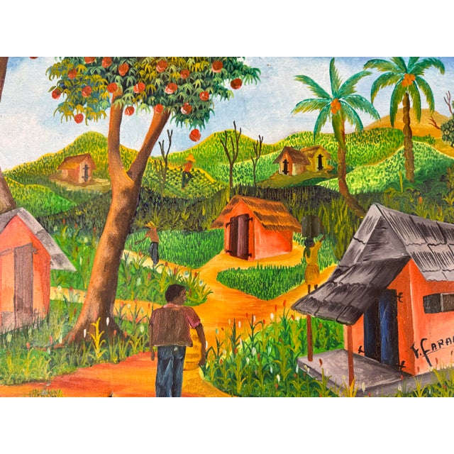 1970s 1970s Vintage Haitian Folk Art Landscape Oil Painting by F. Faramon For Sale - Image 5 of 12