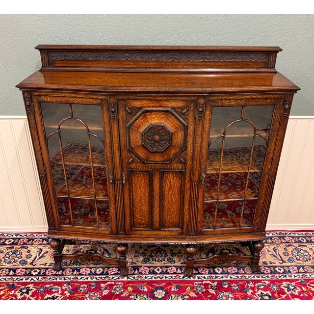 Antique English Jacobean Bookcase Bow Front Cabinet Triple Door Oak C1930s For Sale - Image 16 of 18