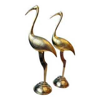 Vintage Pair of Brass Etched Crane Statues For Sale