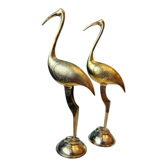 Vintage Pair of Brass Etched Crane Statues For Sale