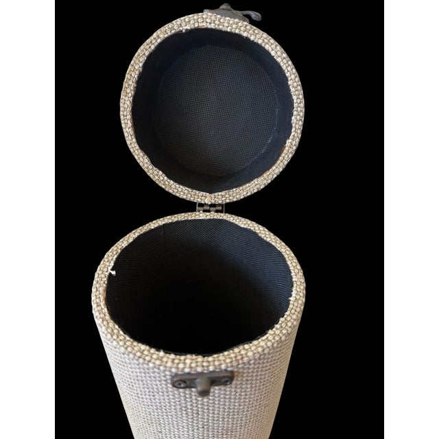 Metal Late 20th Century Rustic Wine Bottle Case With Woven Fabric & Brown Stitched Trim, Cylindrical Wine Gift Box, Metal Ring Handle For Sale - Image 7 of 11