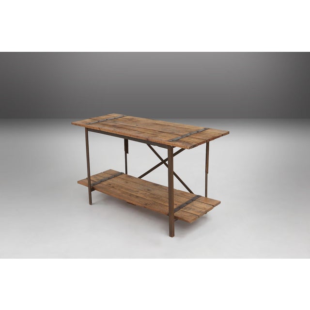 Industrial Industrial Side Table with Metal Frame, Wooden Top and Removable Platform, Belgium, 1920s For Sale - Image 3 of 14