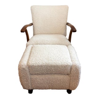 Mid Century Art Deco Lounge Chair Teak & Boucle W/Ottoman For Sale