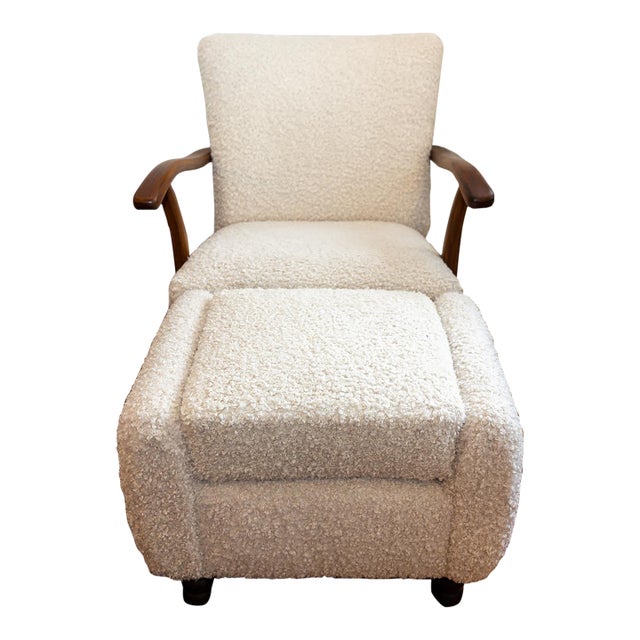 Mid Century Art Deco Lounge Chair Teak & Boucle W/Ottoman For Sale