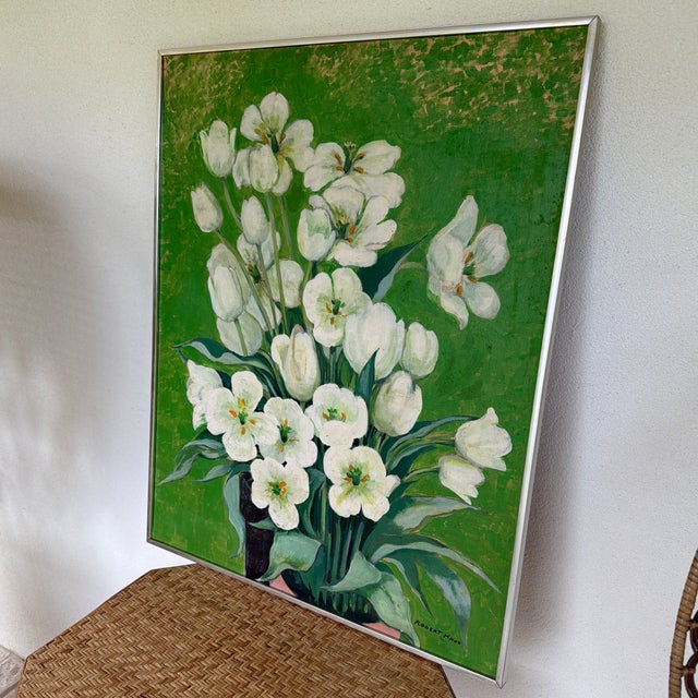 Midcentury Oil on Board Floral Still Life of White Tulips For Sale In New York - Image 6 of 12