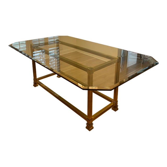 LaBarge Attributed Brass and Glass Dining Table With 1/2" Thick Beveled Glass Top Vintage For Sale
