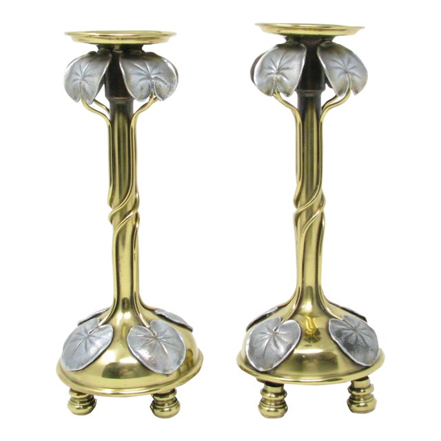 Antique Tiffany Studios Style Art Nouveau Polished Lead or Pewter and Brass Lily Pad Candle Holders - a Pair For Sale
