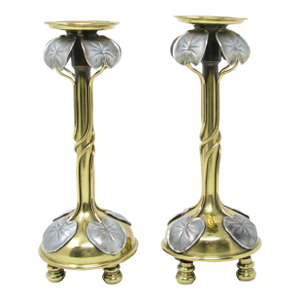 Antique Tiffany Studios Style Art Nouveau Polished Lead or Pewter and Brass Lily Pad Candle Holders - a Pair