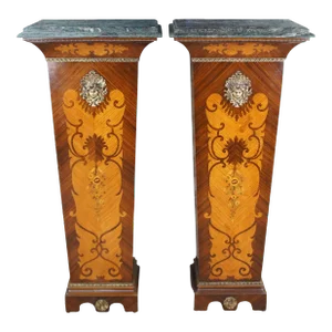 Set of 2 Vintage French Louis XV Walnut Fruitwood Parquetry Sculpture Stand Pedestals