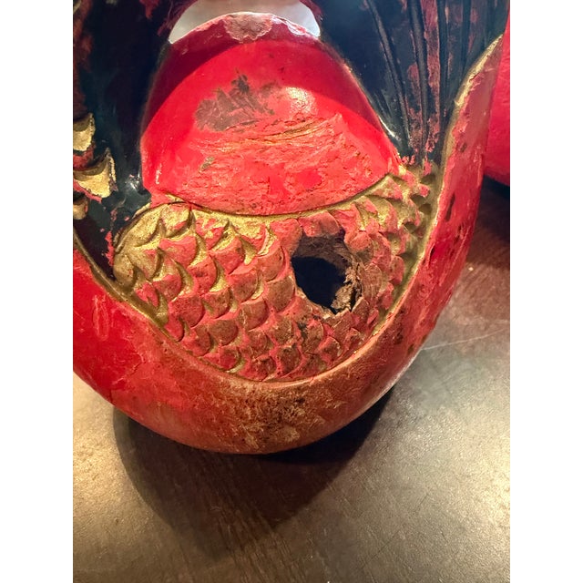 Red Musical Vintage Chinese Carved Wood Fish Temple Drums – Red & Gold Buddhist Wooden Fish, Graduated Set of 5 For Sale - Image 8 of 9
