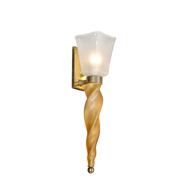 Amber Mid-Century Hand-Blown Murano Frosted Glass Sconces With Spiral Amber Drop For Sale - Image 8 of 18
