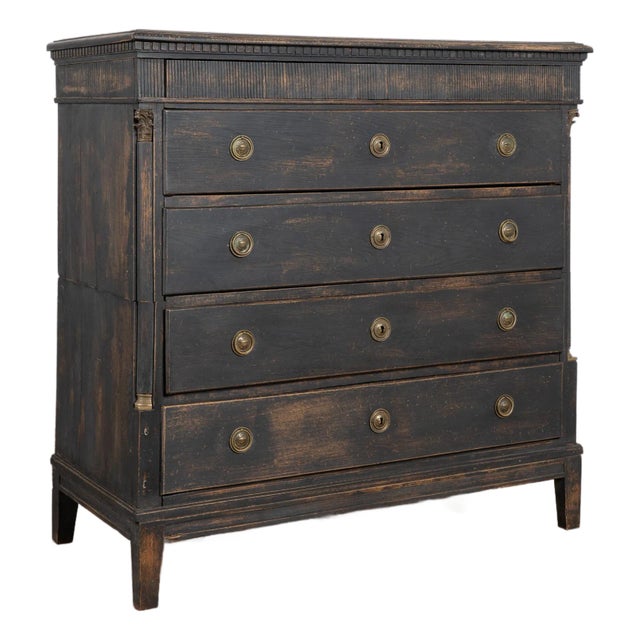 Early 19th Century Pine Large Black Chest of Five Drawers For Sale