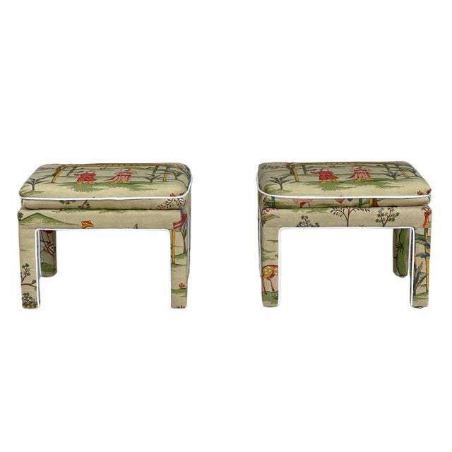 1980s Pair Chinoiserie Parsons Benches in Thibaut “Ting Yuan” For Sale - Image 15 of 17
